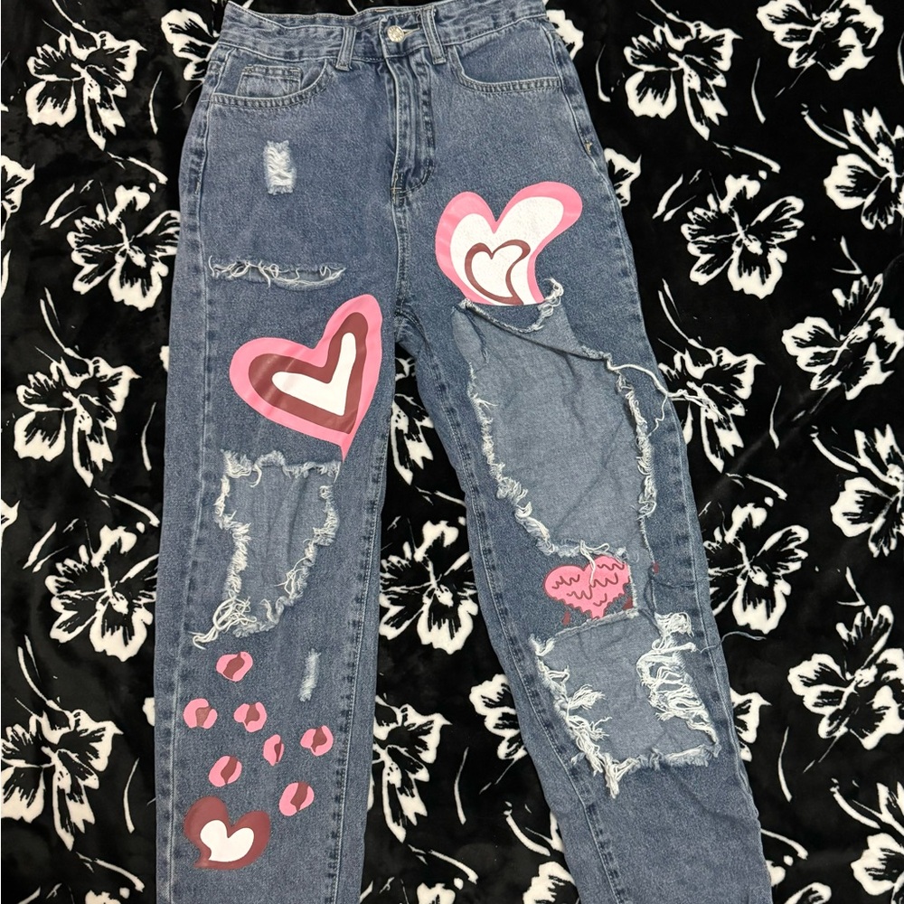 Stylish Blue Heart-Patterned Women's Jeans